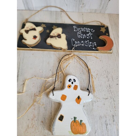 Vintage wooden sign beware ghost crossing set hanging Halloween - Picture 5 of 7